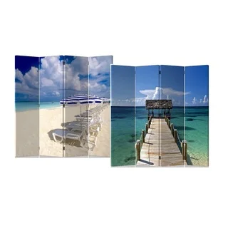 Caribbean Sea and Beach 4-Panel Double Sided Painted Canvas Room Divider Screen