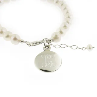 Sterling Silver and Freshwater Pearl with Personalized Round Disc Bracelet (Thailand)