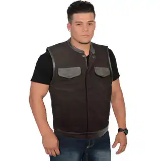 Men's Denim Leather Trim Hidden Zipper Club Vest