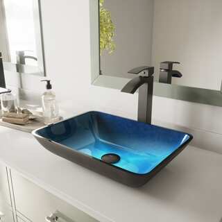 VIGO Rectangular Turquoise Water Glass Vessel Sink and Duris Bathroom Vessel Faucet in Matte Black