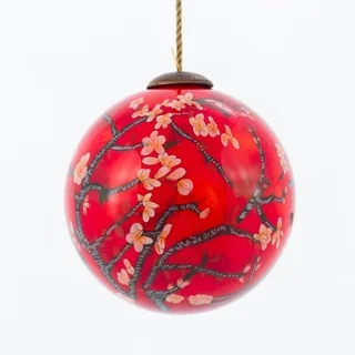 Vincent Van Gogh 'Branches of an Almond Tree in Blossom, Red' Hand Painted Glass Ornament