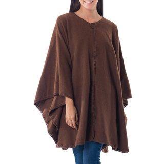 Lima Glam Everyday Easy Care Warm and Soft Alpaca Blend with Button Front and Hand Crocheted Edges Brown Womens Cape (Peru)
