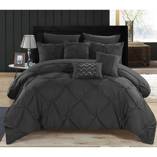 Valentina Black Pintuck Microfiber 10-Piece Bed in a Bag Comforter Set