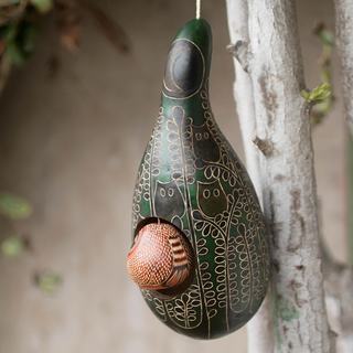 Handcrafted Mate Gourd 'Emerald Owl' Birdhouse (Peru)