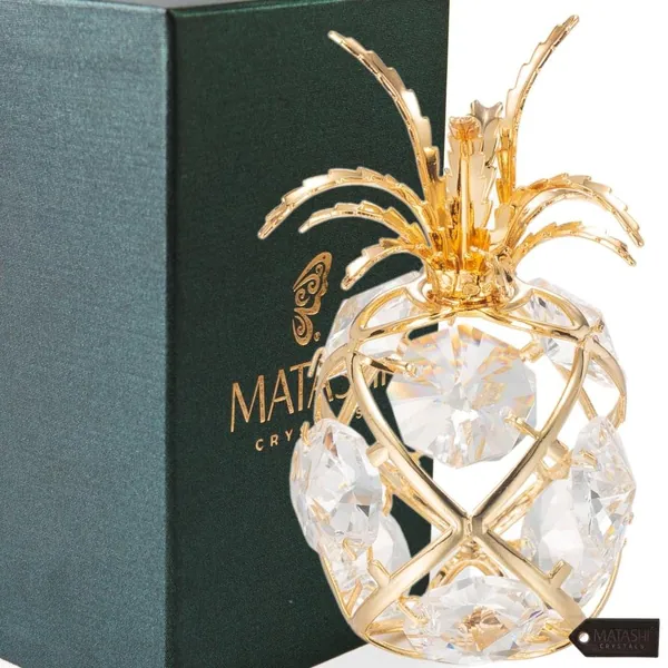 24K Gold Plated Mini Pineapple Ornament with Clear Crystals by Matashi