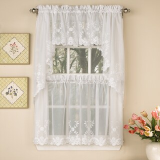 Sheer Voile Embroidered Scrolling Floral Leaf Pattern Window Curtain Pieces - Tiers, Valance and Swag Pair Options