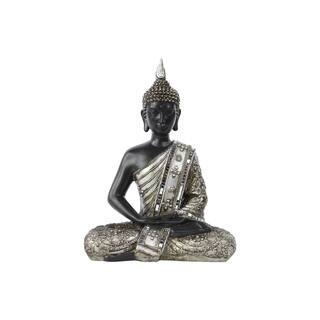 Resin Meditating Buddha Figurine in Dhyana Mudra with Pointed Ushnisha Silver