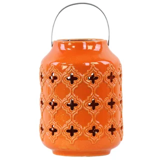 Ceramic Gloss Orange Cylindrical Lantern with Cutout Walls and Metal Handle