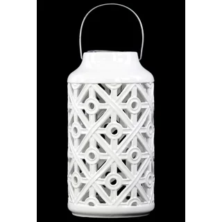 Ceramic Cylindrical Lantern with Cutout Walls and Metal Handle Gloss White