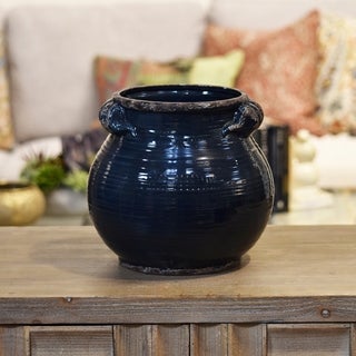 Distressed Gloss Midnight Blue Ceramic Tall Round Bellied Tuscan Pot with Handles