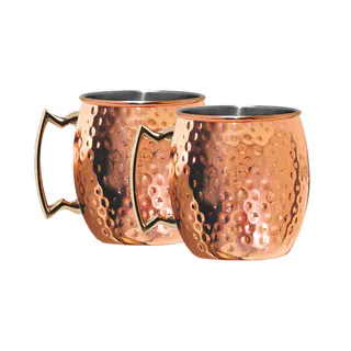 Hammered Moscow Mule Mug Gold Solid Copper and Nickel Lined 16 oz. Brass Handle (Set of 2)