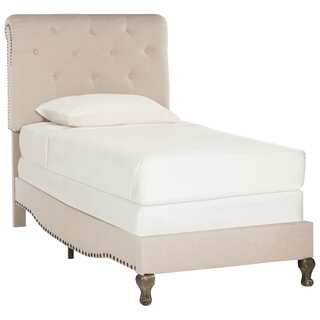 Safavieh Hathaway Light Beige Linen Upholstered Tufted Rolled Back Bed (Twin)
