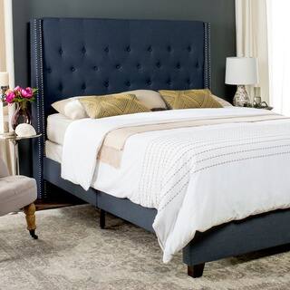 Link to SAFAVIEH Winslet Navy Linen Upholstered Tufted Wingback Bed (Queen) Similar Items in Bedroom Furniture