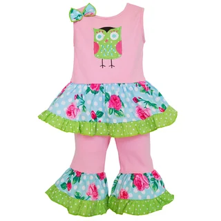AnnLoren Girls Boutique Spring Time Pink Owl Tunic and Capri Outfit