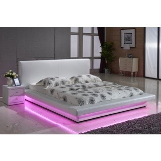 White Leather with LED Decoration Strip Light Contemporary Platform Bed