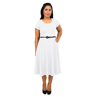 Women's Short Sleeve Scoop Neck White A-line Dress