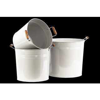 Coated White Finish Metal Round Bucket with 2 Wood Handles (Set of 3)