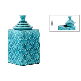 Glossy Turquoise Finish Ceramic Square Canister with Embossed Pattern and Step Lid Large