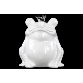 Urban Trends Frog with Silver Crown Gloss White Ceramic Figurine