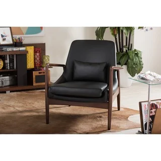 Baxton Studio Carter Mid-Century Modern Retro Black Faux Leather Upholstered Leisure Accent Chair in Walnut Wood Frame