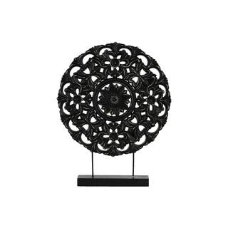 Urban Trends Matte Black Wood Buddhist Dharmachakra Wheel Ornament