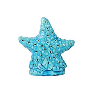 Blue Gloss Ceramic Cushion Sea Star Figurine with Cutout Holes and Stand