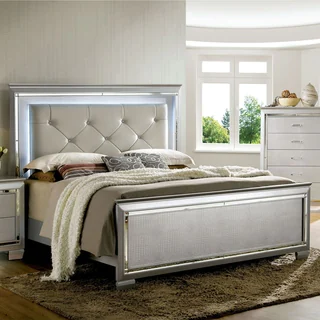 Furniture of America Tallone Silver Tufted Platform Bed with LED Headboard