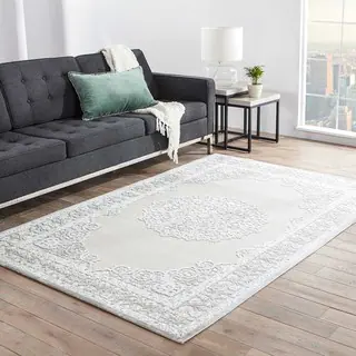 Classic Medallion Pattern Ivory/Gray Rayon Chenille Area Rug (5x7.6)