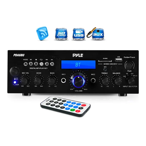 slide 1 of 5, Pyle PDA6BU 200-watt Bluetooth/ FM Radio/ USB/ SD Card/ AUX Stereo Amplifier Receiver with Microphone Inputs