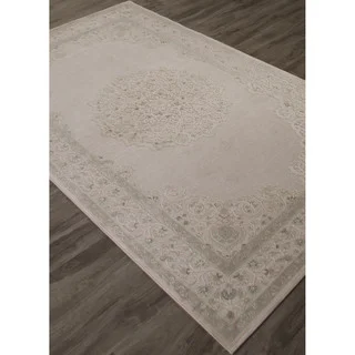 Classic Medallion Pattern Ivory/Beige Rayon Chenille Area Rug (7.6x9.6)