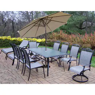 Aluminum Sling 14 Pc Dining Set 6 stackable Chairs, 2 Swivel Rockers, 2 Chaise lounges, 1 end table, Umbrella and Stand