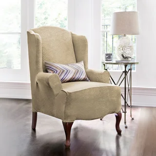 QuickCover Damask Embossed Stretch 1-Piece Wing Chair Slipcover