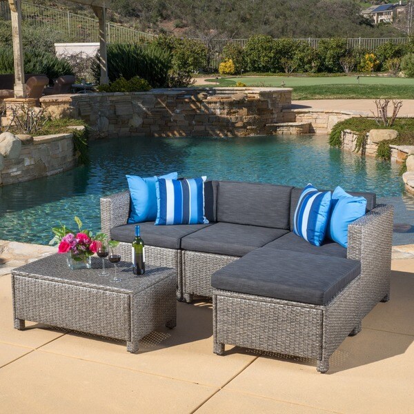 Outdoor Puerta 5-piece Wicker L-shaped Sectional Sofa Set with Cushions by Christopher Knight Home