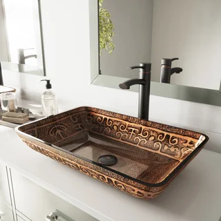 VIGO Rectangular Golden Greek Glass Vessel Bathroom Sink and Milo Faucet Set in Antique Rubbed Bronze Finish