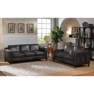 Ames Premium Hand Rubbed Grey Top Grain Leather Sofa and Loveseat