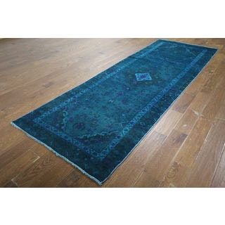 H9447 Overdyed Blue Wool Floral Hand-knotted Runner Rug (4' x 10')