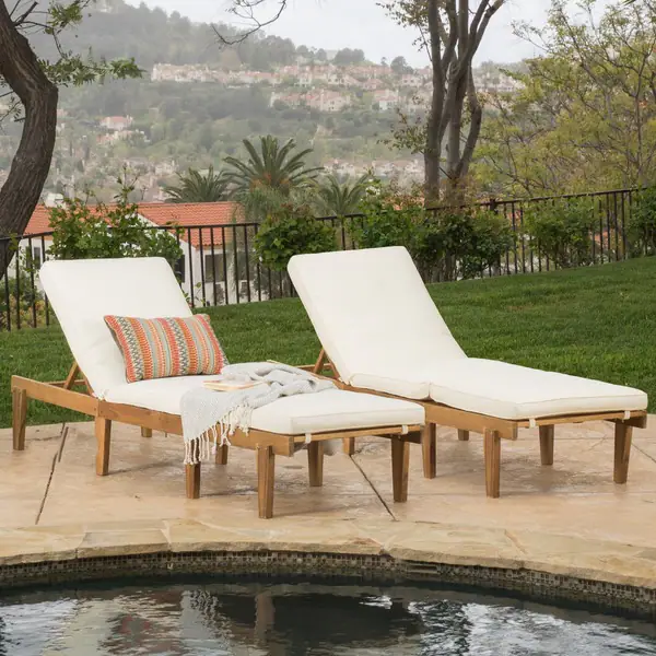 Ariana Outdoor Acacia Wood Chaise Lounge with Cushion (Set of 2) by Christopher Knight Home