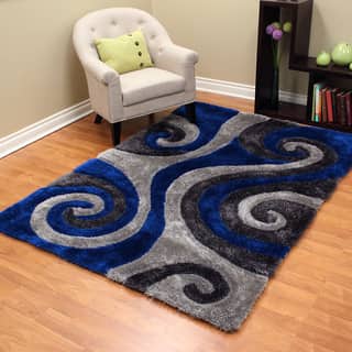 3D Shaggy-805 Abstract Swirl Design Elextric Blue Color Area Rug 5'x7'