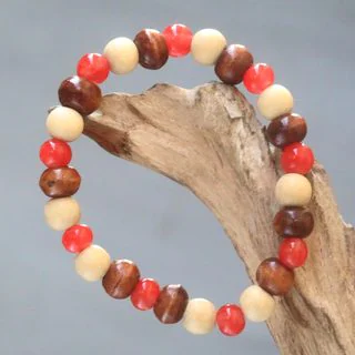 Handcrafted Ceramic Albesia Wood 'Red Connection' Bracelet (Indonesia)