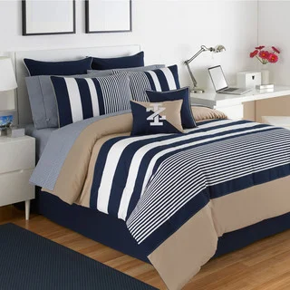 IZOD Classic Stripe 4-Piece White, Blue, and Khaki Comforter Set