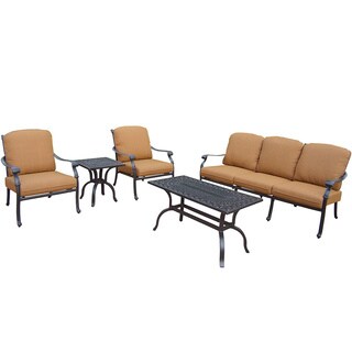 Sunbrella Aluminum Deep Sitting 5-piece Chat Set with 1 Sofa 2 Club Chairs with Cushions Side Table and Coffee Table