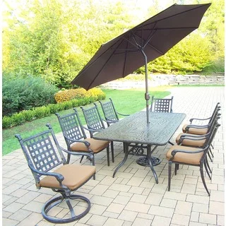 Sunbrella Aluminum 11 Pc Dining Set with Table, 6 Stackable Chairs, 2 Swivel Rockers, with Cushions, Umbrella, and Stand
