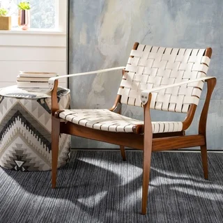 Safavieh Couture High Line Collection Dilan Mahogany Cream Leather Safari Chair