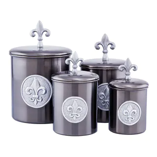 4-Piece Antique Pewter Fleur de Lis Canisters with Fresh Seal Covers