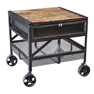 Wanderloot Industrial Metal Mesh Drawer Reclaimed Wood End Table with Caster Wheels (India)