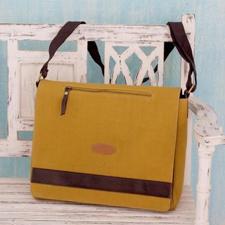 Cotton Canvas 'Indian Mustard' Laptop Messenger Bag (India)