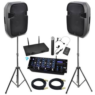 Pyle KTHSP490 15-inch Bluetooth DJ/ PA Speaker System with Mixer and Wireless Mic/ Speakers Stand/ XLR Cables