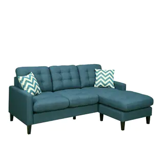 Porter Harlow Deep Teal Contemporary Modern Sofa with Chaise and Woven Chevron Accent Pillows