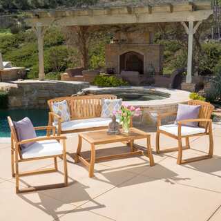 Christopher Knight Home Estrella Outdoor 4-piece Acacia Wood Chat Set with Cushions