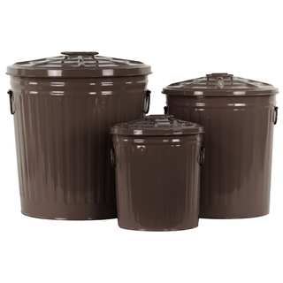Coated Finish Dark Brown Metal Round Storage with Classic Garbage/ Lid and Side Handles Can Design (Set of 3)